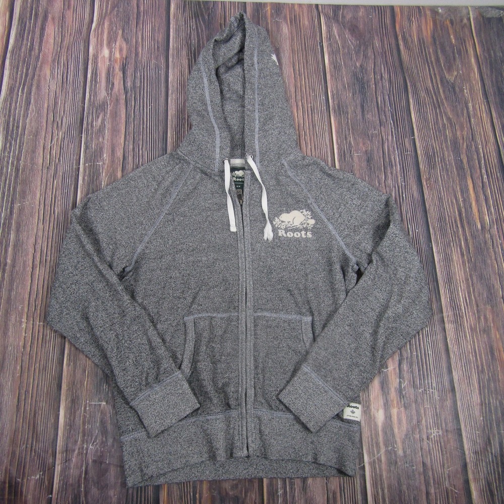Roots Hoodie Womens Small Gray‎ Full Zip Fleece Beaver Logo Sweatshirt Casual